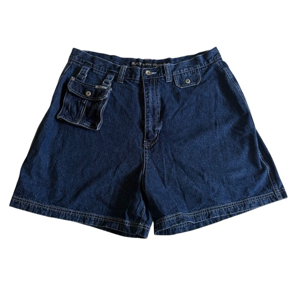 Vintage RVT Serve Piping Hot Denim Shorts Attached Denim Bag Blue Sz 20